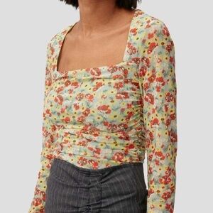 Ganni Top Printed Mesh Ruched Blouse Long Floral Sheer Meadow Celadon 42 NWT